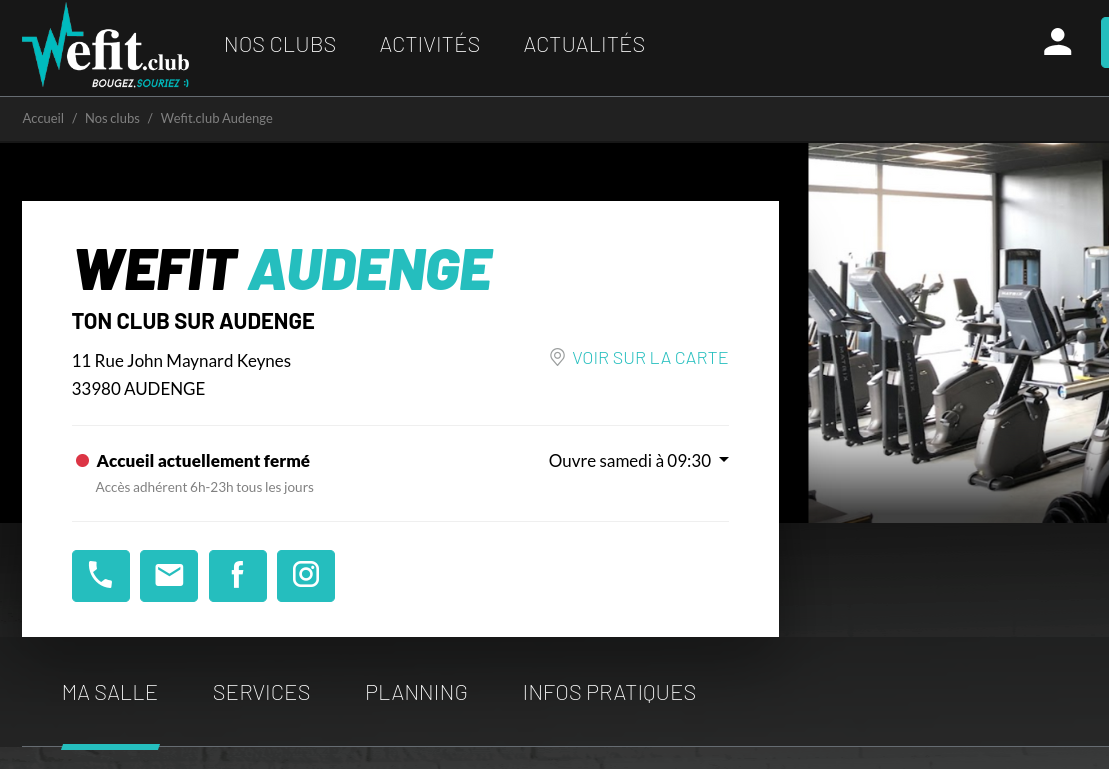 Affichage de la page d'accueil d'un site de Salle de sport
